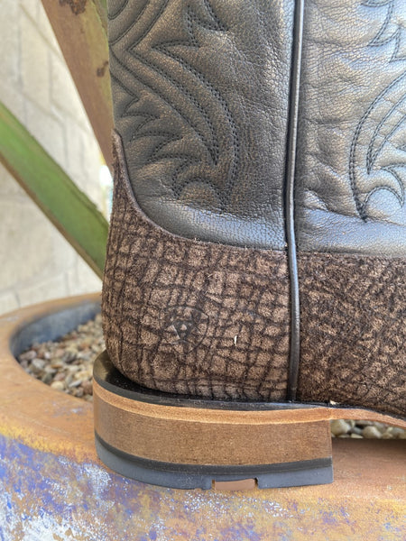 Men's Western Ariat Boot in Brown Hippo Print Suede Leather and Dark Brown Top - 10042407 - Blair's Western Wear Marble Falls, TX