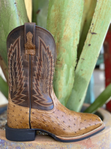Men's Western Boot in Tan/Yellow Ostrich & Brown Full Grain Leather - 10040281 - Blair's Western Wear Marble Falls, TX 