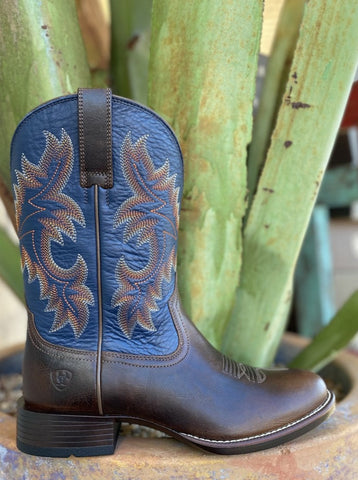 Men's Western Ariat Boot in Blue & Chocolate W/ Round Toe - 10038366 - Blair's Western Wear Marble Falls, TX