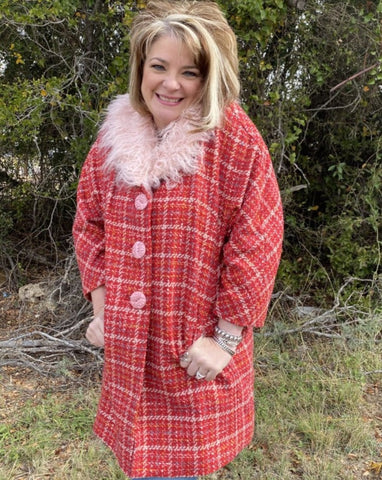 Ladies Ivy Jane Jacket in Pink & Red with Buttons & Fuzzy Collar - 130169 - Blair's Western Wear Marble Falls, TX