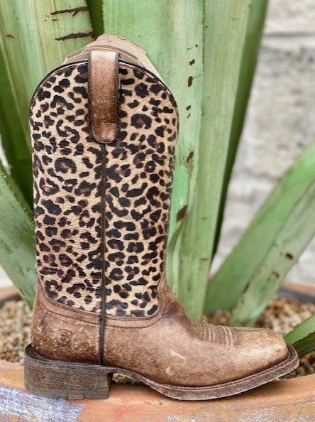 Ariat Ladies Square Toe Distress Brown & Leopard Boot - 10035942 - Blair's Western Wear Marble Falls, TX