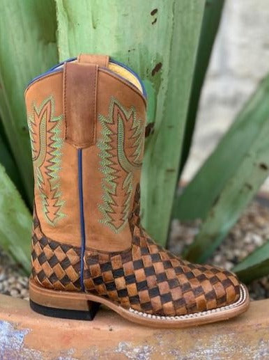 Kids Western Brown & Tan Checkered Roper - HPK7068 - Blair's Western Wear Marble Falls, TX