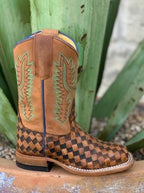 Kids Western Brown & Tan Checkered Roper - HPK7068 - Blair's Western Wear Marble Falls, TX