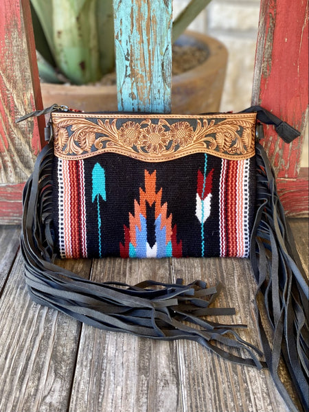 Ladies Woven Aztec & Tooled Leather Western Purse w/ Fringe Sides - ADBGZ184G - Blair's Western Wear Marble Falls, TX
