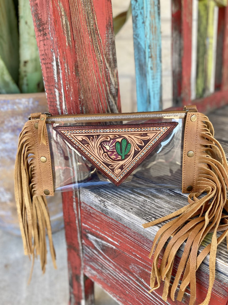 Ladies Clear & Tooled Leather Purse With Strap and Removeable Fringe - ADBGF103A - Blair's Western Wear Marble Falls, TX 