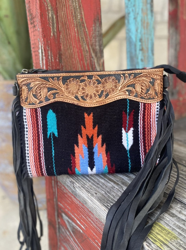 Ladies Woven Aztec & Tooled Leather Western Purse w/ Fringe Sides - ADBGZ184G - Blair's Western Wear Marble Falls, TX  