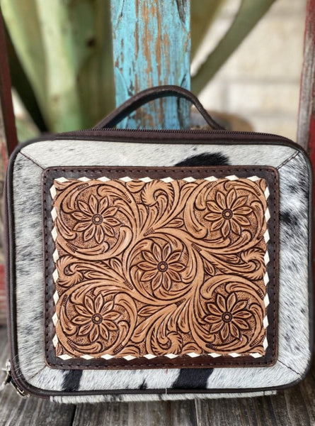 Ladies American Darling Tooled Leather & Cowhide Jewlery Case in Tan/White/Black - ADBGA225A - Blair's Western Wear Marble Falls, TX 