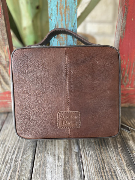 Ladies American Darling Tooled Leather & Cowhide Jewlery Case in Tan/White/Black - ADBGA225A - Blair's Western Wear Marble Falls, TX 