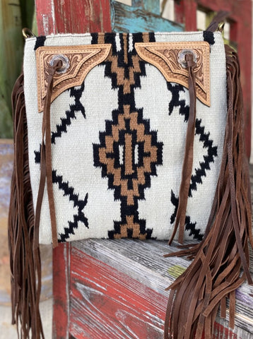 Women's Aztec Blanket & Tooled Leather Purse by American Darling w/ Matching Strap & Conceal & Carry Pockets - ADBGA289G - Blair's Western Wear Marble Falls, TX