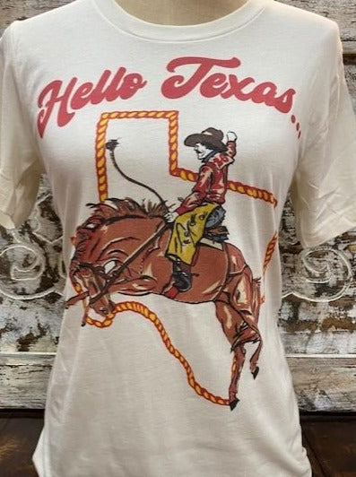Texas Buckin' Cowboy Ladies T-Shirt - HELLOTX - Blair's Western Wear - Marble Falls, TX