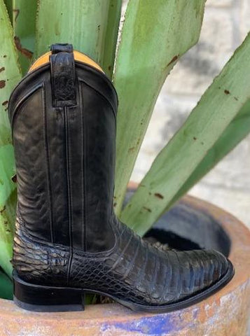 Handmade black exotic caiman alligator cowboy boot round toe - 13277