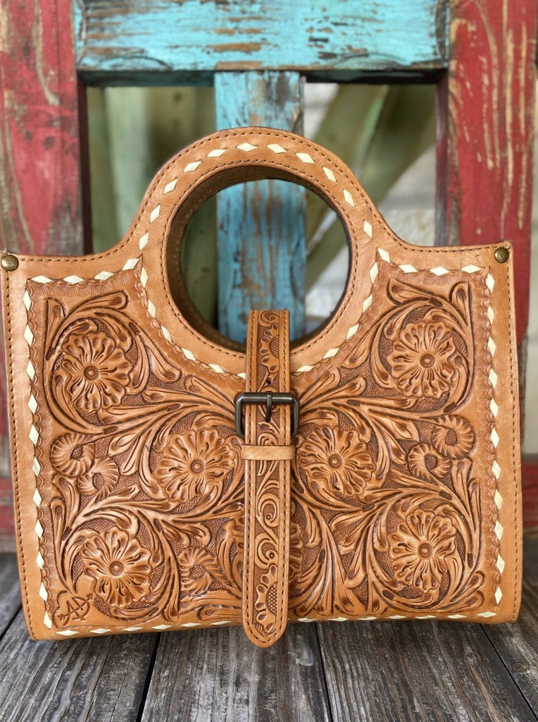 Ladies Tooled Leather Bucket Purse in Tan with White Leather Stitching - ADBG500 - Blair's Western Wear Marble Falls, TX 
