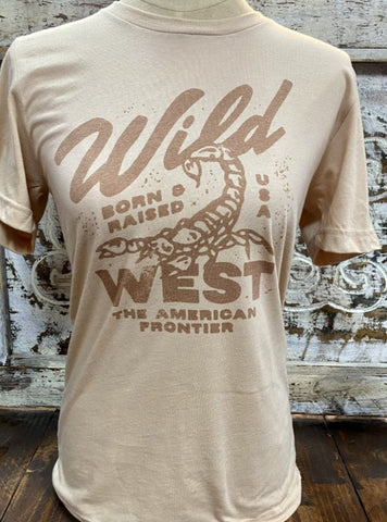 Ladies Western Graphic Tee in Natrual/Brown/Orange Saying "Wild West The American Frontier Born & Raised" - BORN WILD - Blair's Western Wear Marble Falls, TX 