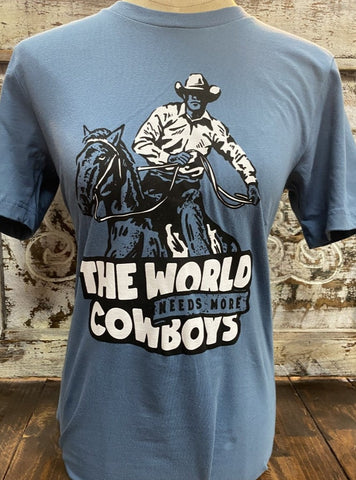 Ladies Western Graphic Tee in Blue/Black/White Saying "The World Needs More Cowboys" - COWBOYS NEEDED - Blair's Western Wear Marble Falls, TX