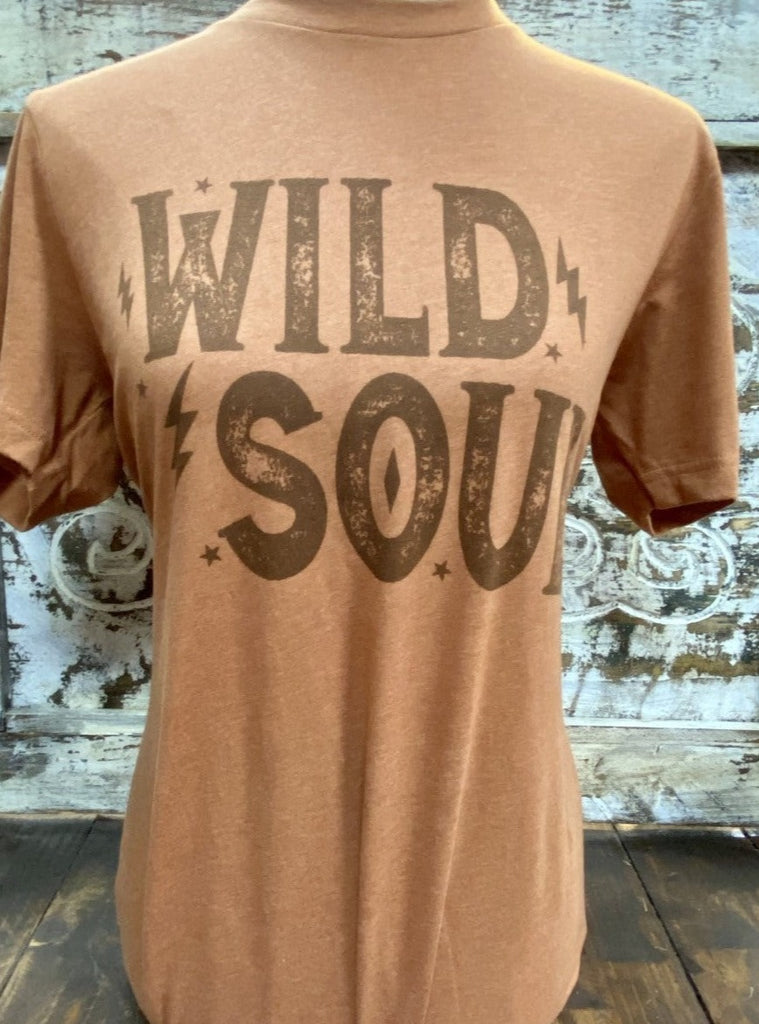 Ladies Graphic Western Tee in Brick Saying "Wild Soul" - WILD SOUL T - Blair's Western Wear Marble Falls, TX 