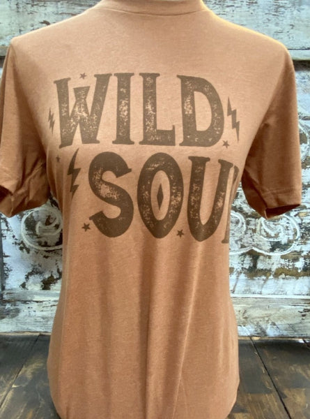 Ladies Graphic Western Tee in Brick Saying "Wild Soul" - WILD SOUL T - Blair's Western Wear Marble Falls, TX 