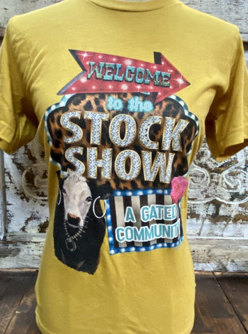 Ladies Stock Show Shirt in Yellow/Multi Saying "Welcome To The Stock Show. A Gated Community". Heifer. - WELCOME.HEIFER - Blair's Western Wear Marble Falls, TX 