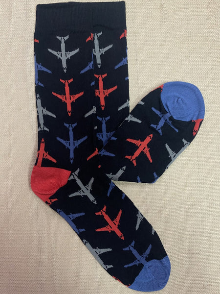 Men's Bamboo Socks With Airplanes in Black/Grey/Red - MBN1927 - Blair's Western Wear Marble Falls, TX
