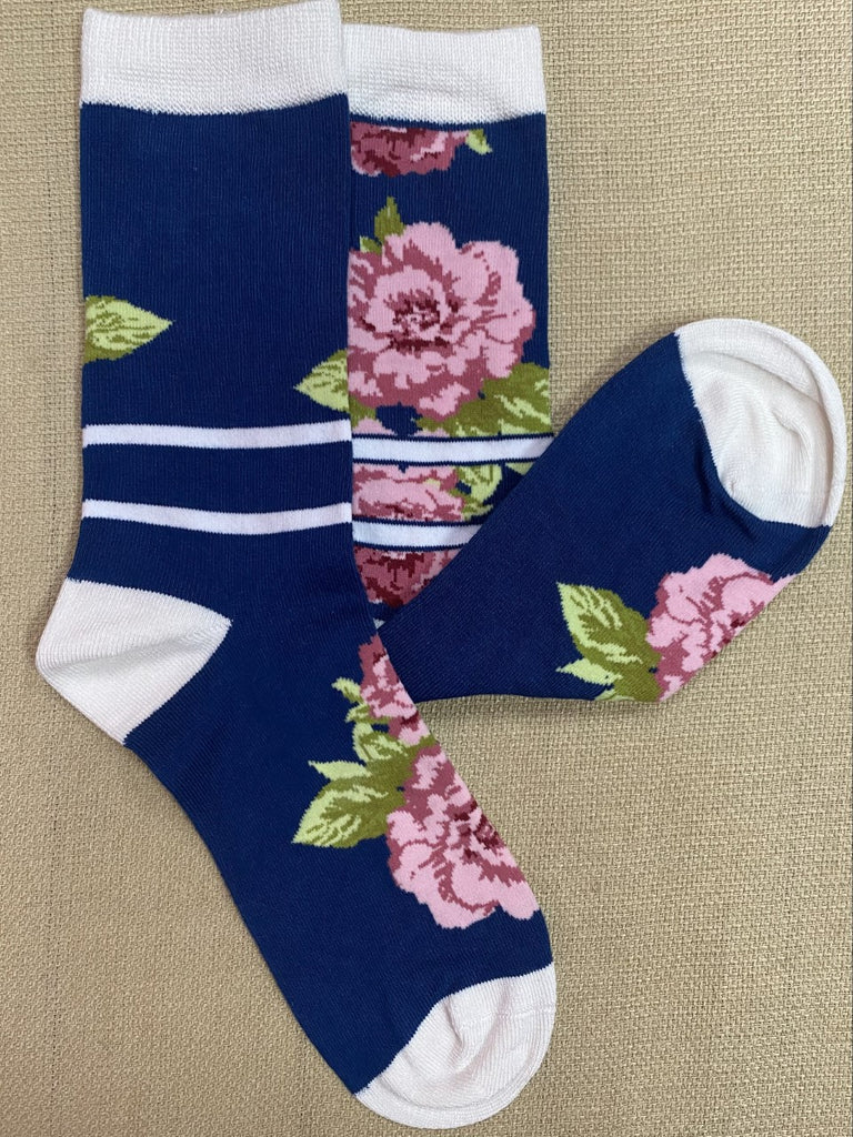 Ladies Floral Socks in White/Navy/Pink - WBN2342 - Blair's Western Wear in Marble Falls, TX 