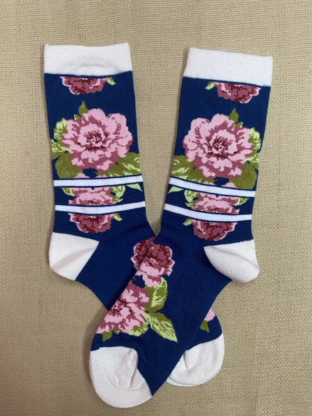 Ladies Floral Socks in White/Navy/Pink - WBN2342 - Blair's Western Wear in Marble Falls, TX