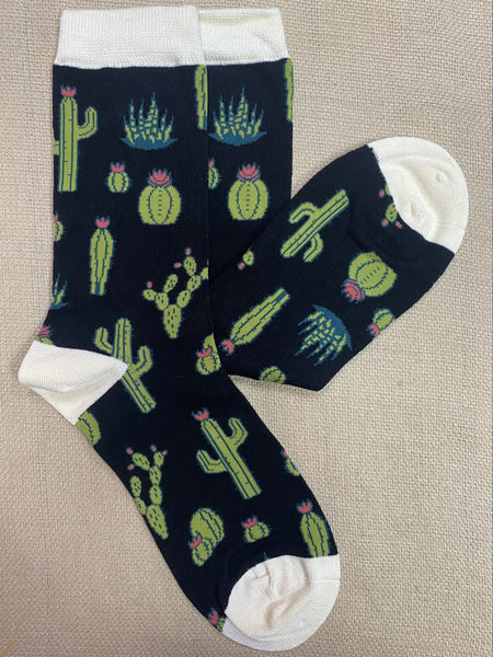 Ladies Bamboo Socks in Black/Gree/Ivory W/ Cactus Pictures - WBN1911BLK - Blair's Western Wear Marble Falls, TX 