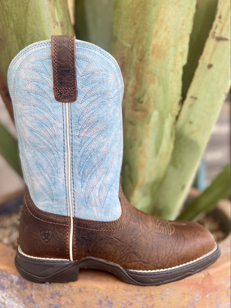 Women's Ariat Boot in Brown/Baby Blue with Square Toe & Slip Resistant Sole - 10038331 - Blair's Western Wear Marble Falls, TX 