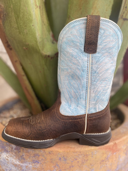 Women's Ariat Boot in Brown/Baby Blue with Square Toe & Slip Resistant Sole - 10038331 - Blair's Western Wear Marble Falls, TX