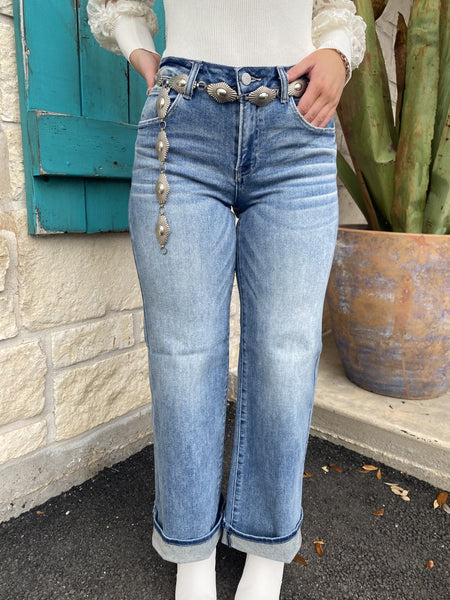 Ladies Risen Mid Rise Wide Leg Jean in Light Wash, Slightly Distressed  - RDP5304 - Blair's Western Wear Marble Falls, TX 