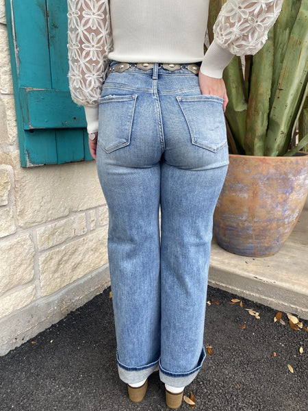 Ladies Risen Mid Rise Wide Leg Jean in Light Wash, Slightly Distressed - RDP5304 - Blair's Western Wear Marble Falls, TX