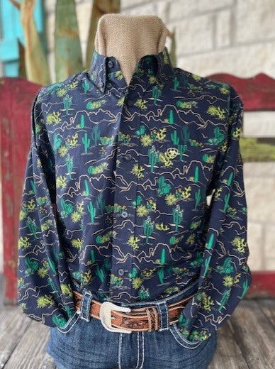 Men's Ariat Navy Blue/ Cactus Design Long Sleeve Button Down - 10041822 - Blair's Western Wear Marble Falls, TX 