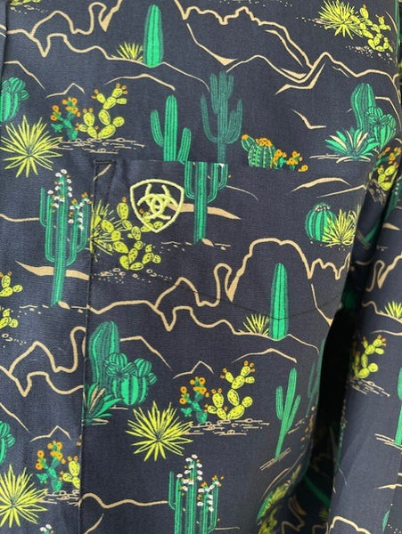 Men's Ariat Navy Blue/ Cactus Design Long Sleeve Button Down - 10041822 - Blair's Western Wear Marble Falls, TX