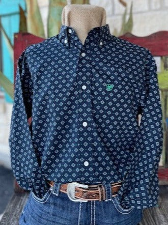 Men's Ariat Navy/Green Dimond Patterned Long Sleeve Button Up - 10041823 - Blair's Western Wear Marble Falls, TX