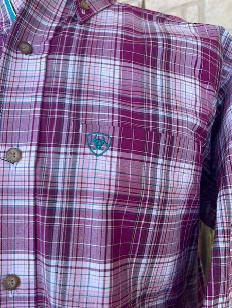 Men's Ariat Maroon/White Plaid Long Sleeve Button Up - 10041738 - Blair's Western Wear Marble Falls, TX