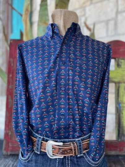 Men's Ariat Navy/Green/Red T-Bird Patterned Long Sleeve Button UP - 10039248 - Blair's Western Wear Mable Falls, TX