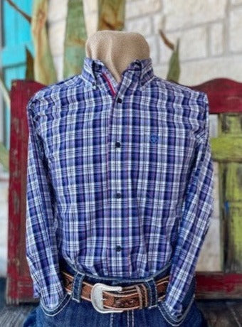 Men's Ariat Blue/Red/White Plaid Long Sleeve Button Down - 10041549 - Blair's Western Wear Marble Falls, TX