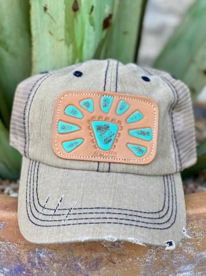 Ladies Light Grey Distressed Cap with Tooled Leather Squash Blossom Patch - Blair's Western Wear - Marble Falls, TX