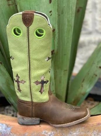 Kids Punchy Western Tall Top Boot Lime & Brown Ariat Boot with Crosses - 10014122 - Blair's Western Wear Marble Falls, TX