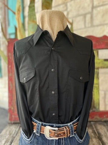 Men's Wrangler Solid Black Long Sleeve Snap Button Down - 71105BK - Blair's Western Wear Marble Falls, TX 