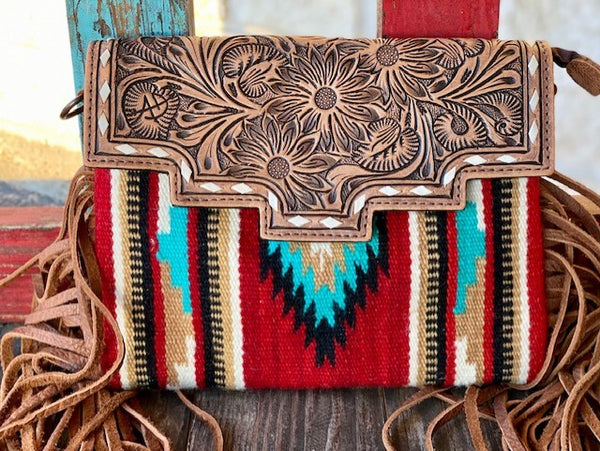 Ladies American Darling Red, Tan, Turquoise Aztec Woven Tooled Leather Purse - ADBG587 - Blair's Western Wear Marble Falls, TX