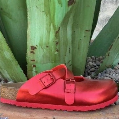 little girls red patent Birkenstock slip on sandals