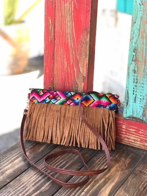 Women's Multicolor Aztec-Inspired & Tan Suede Fringe Clutch Wristlet