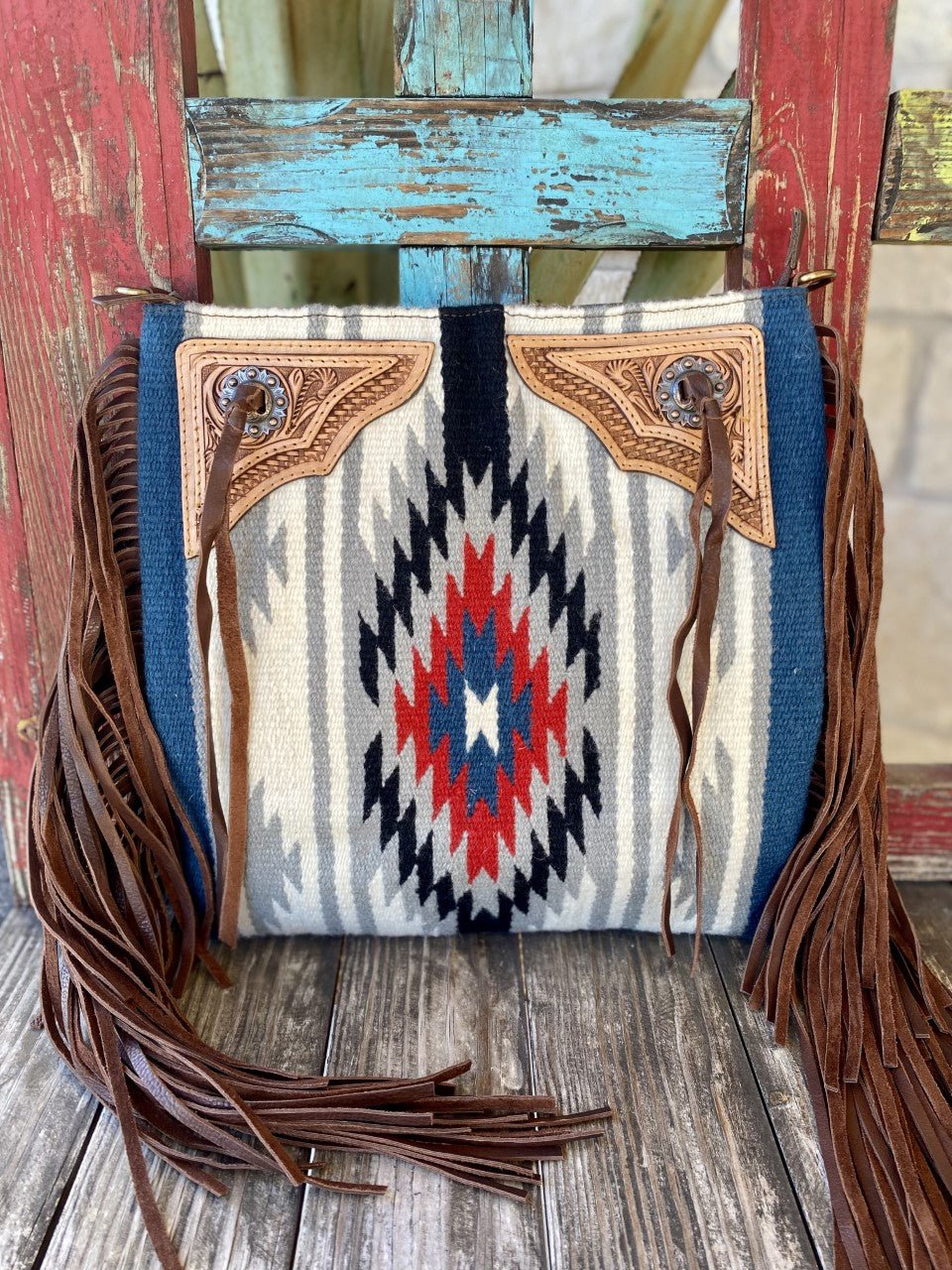 Women's Navajo-Inspired Wool Tote with Tooled Leather Yokes, Concho Snaps & Brown Fringe