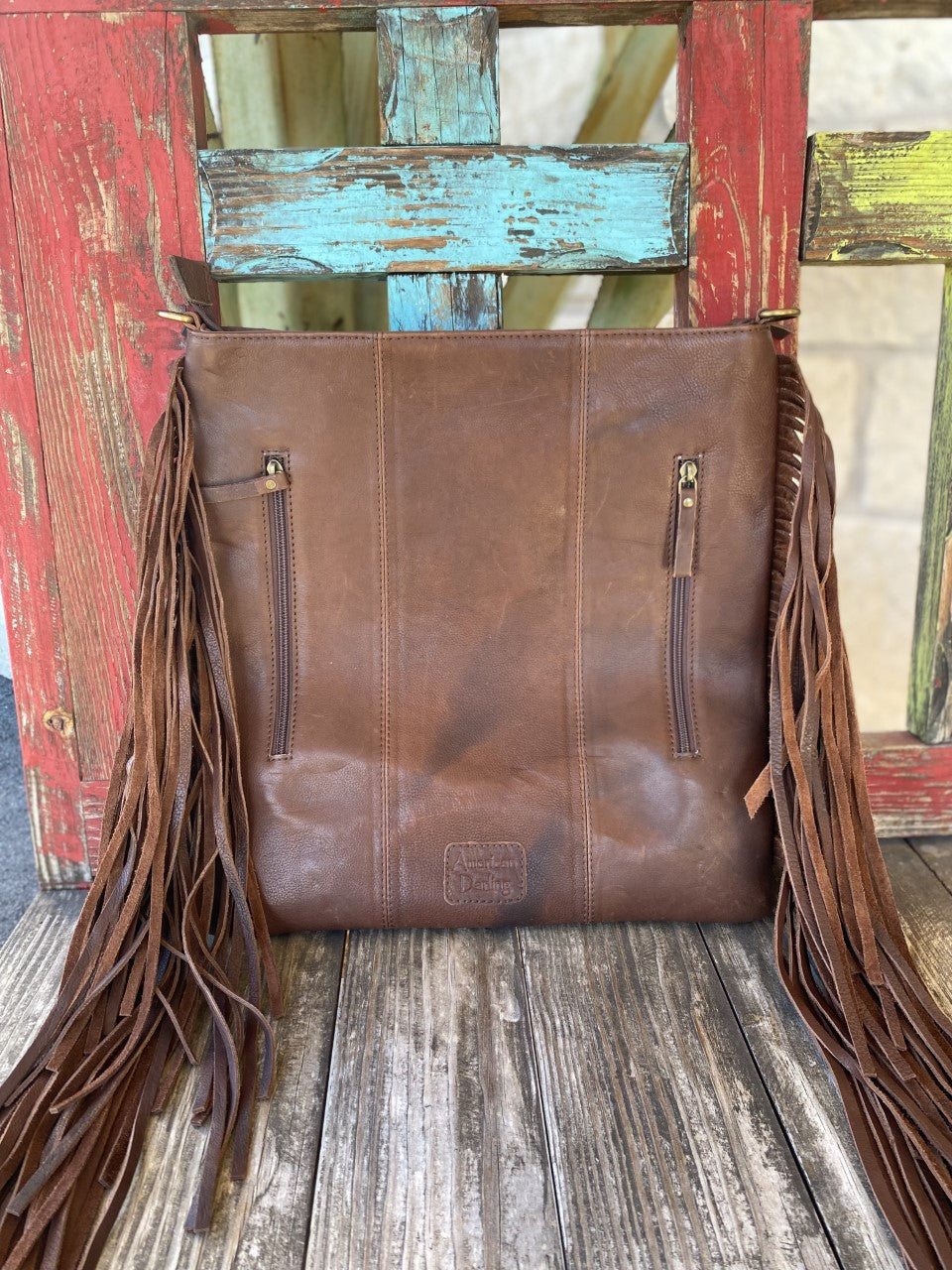 Women's Navajo-Inspired Wool Tote with Tooled Leather Yokes, Concho Snaps & Brown Fringe