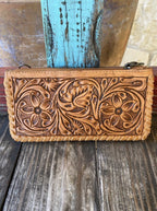 Women's Tan Full-Coverage Floral Hand-Tooled Leather Clutch & Crossbody