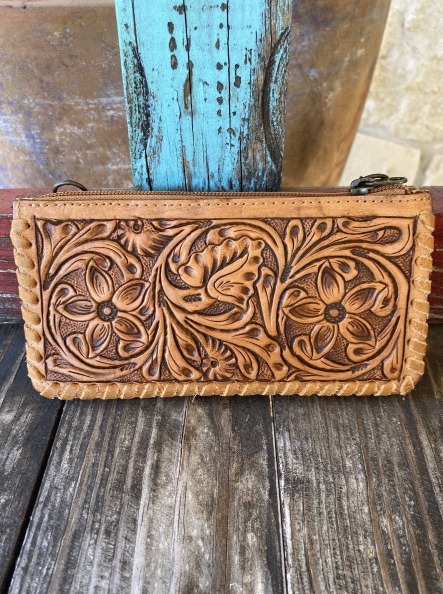 Women's Tan Full-Coverage Floral Hand-Tooled Leather Clutch & Crossbody
