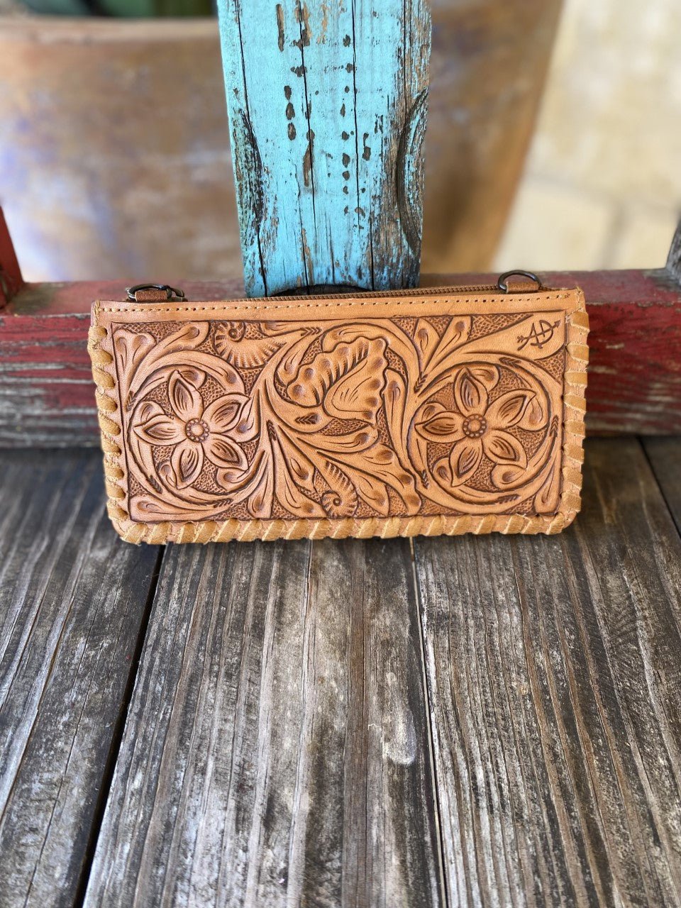 Women's Tan Full-Coverage Floral Hand-Tooled Leather Clutch & Crossbody
