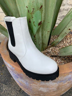 Women's White and Black Chunky Pull-On Bootie